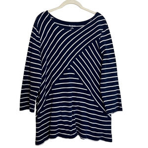 Kim Rogers Womens Knit Top Large Navy Blue Mixed Stripes 3/4 Sleeve 100% Cotton